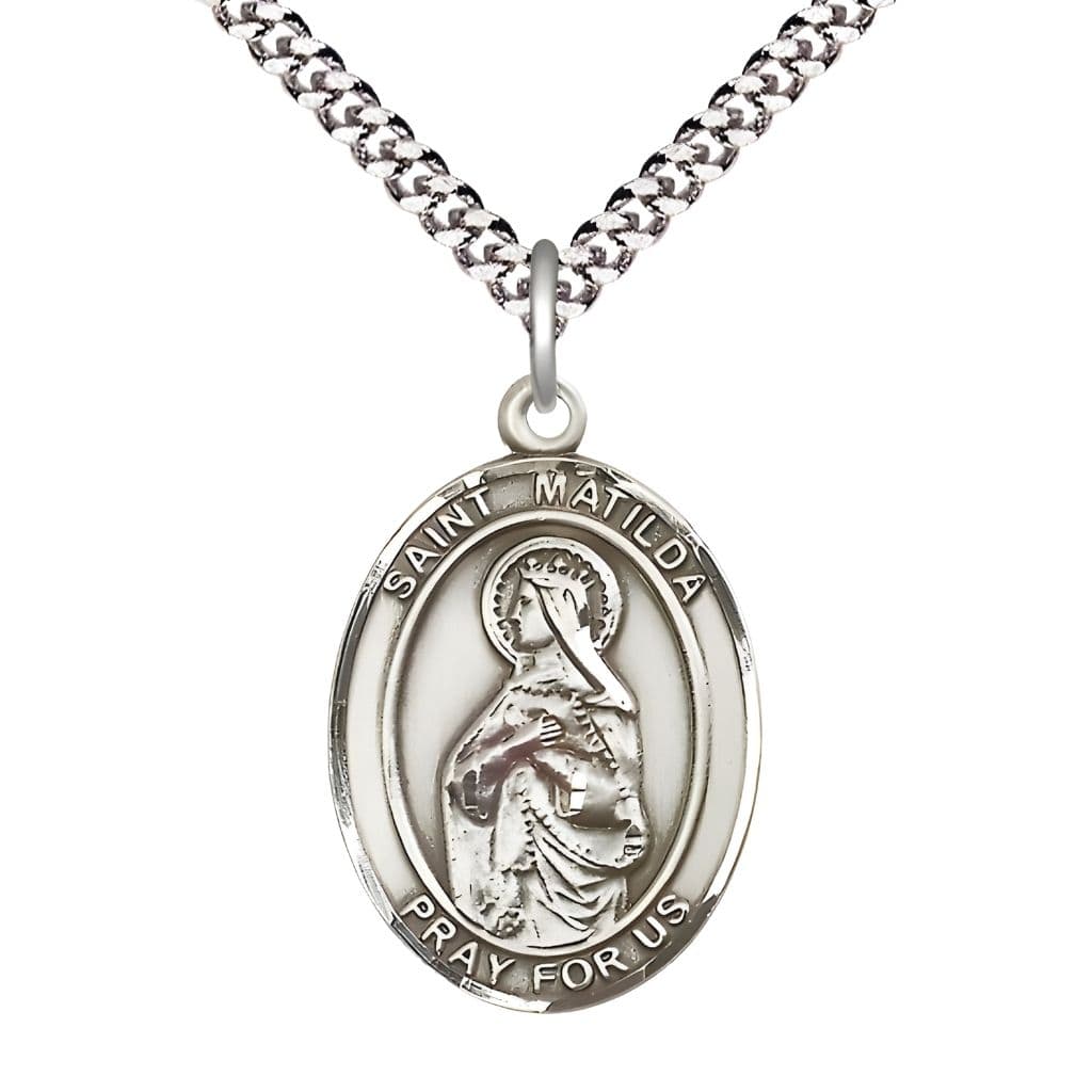 Bliss St. Matilda Pewter Oval Medal Pendant with Rhodium-plated Chain, Measures 1-inch tall by 3/4-inch wide.