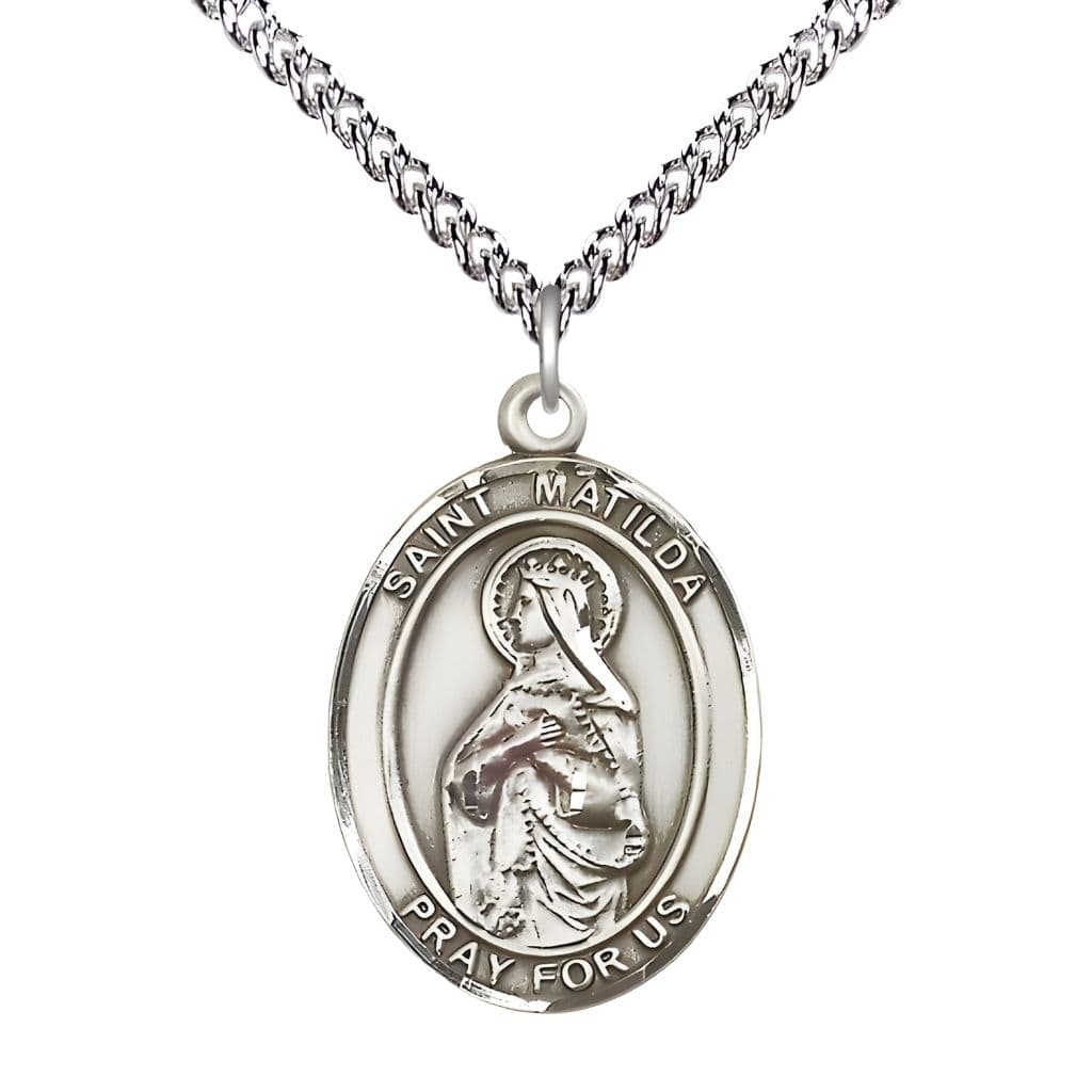 Bliss St. Matilda Sterling Silver Oval Medal Pendant with Sterling Silver Chain, Measures 1-inch tall by 3/4-inch wide.