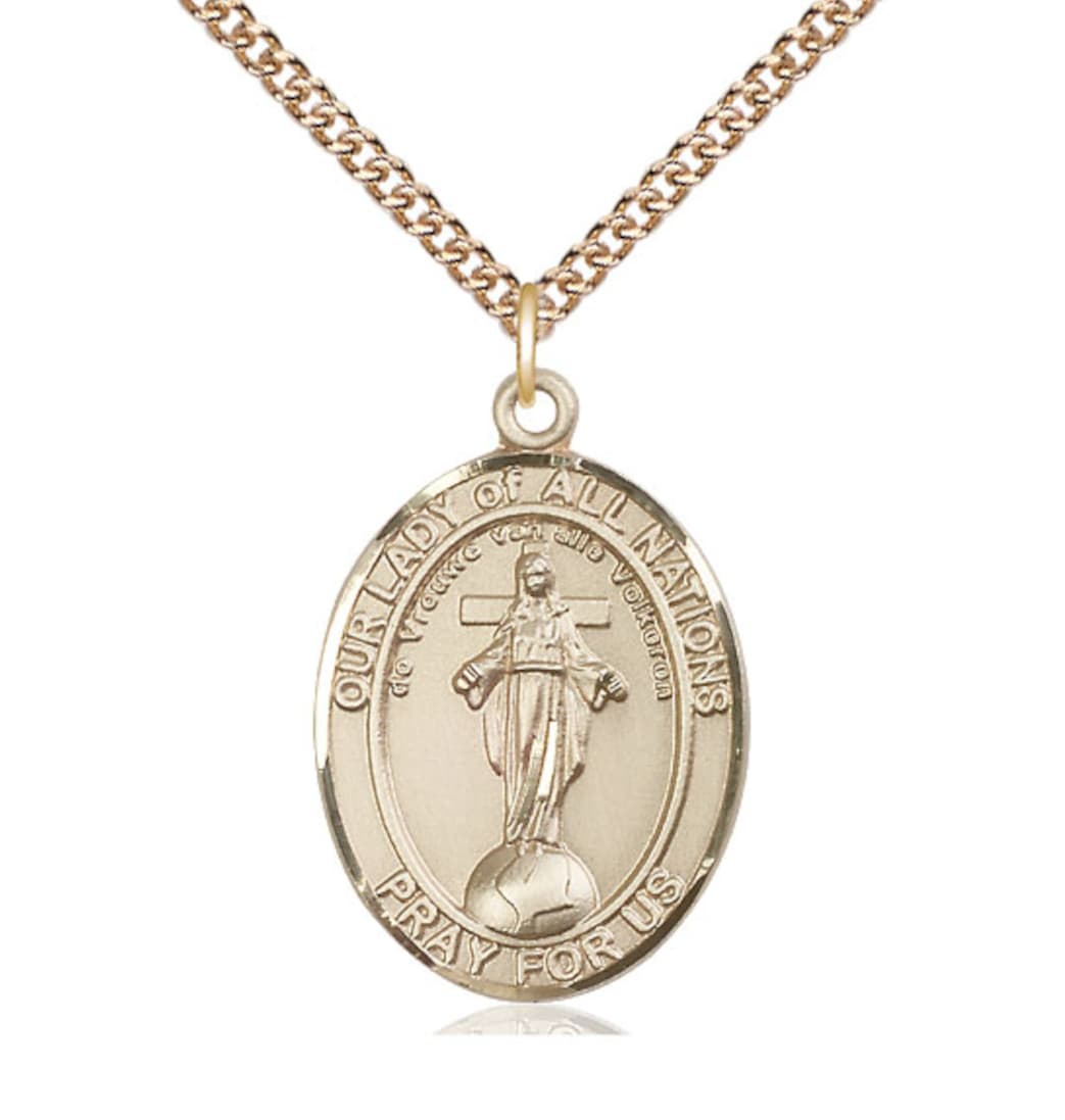 Bliss Our Lady of All Nations 14kt Gold Engravable Oval Large Medal Pendant with 14kt Gold Chain,