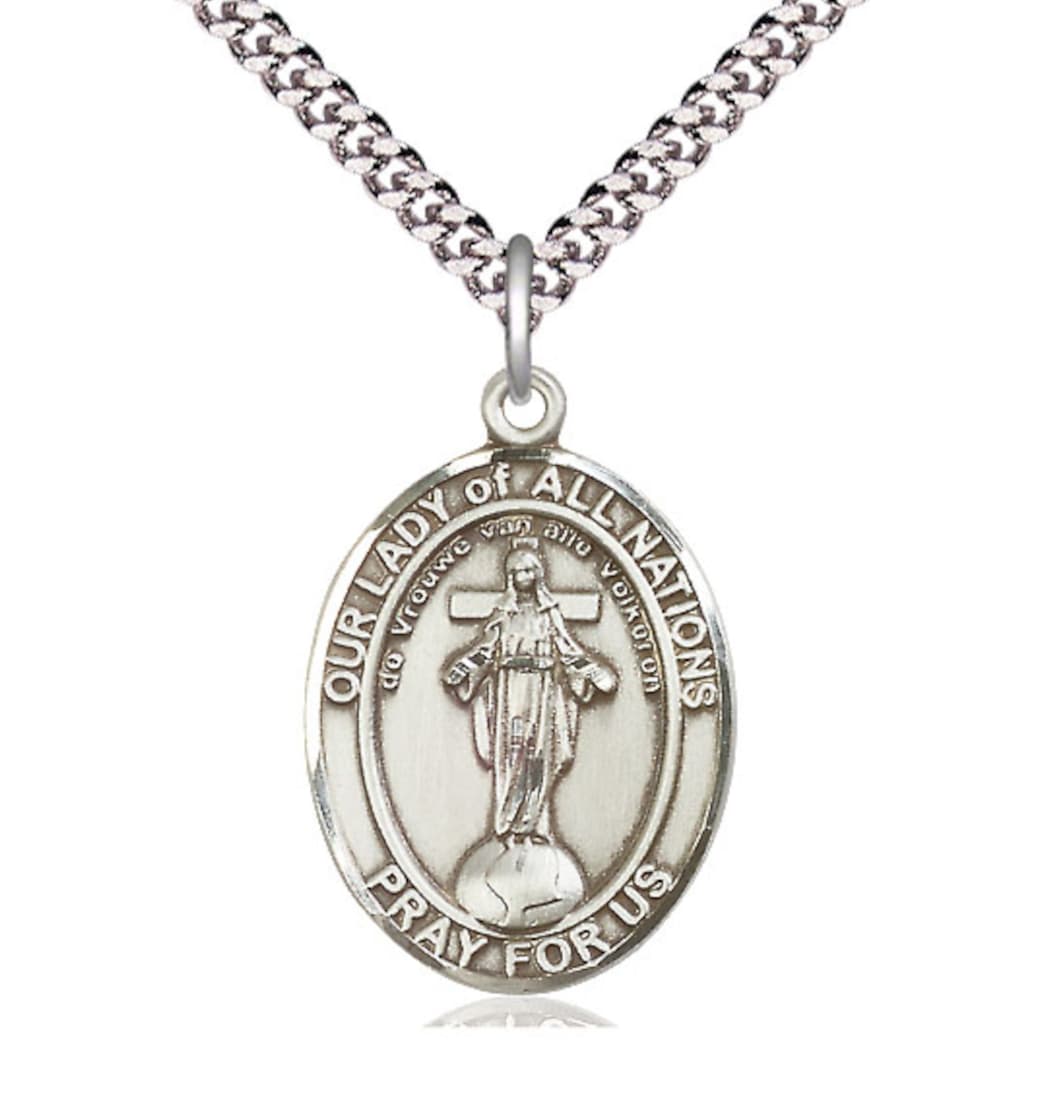 Bliss Our Lady of All Nations Pewter Oval Engravable Large Medal Necklace,