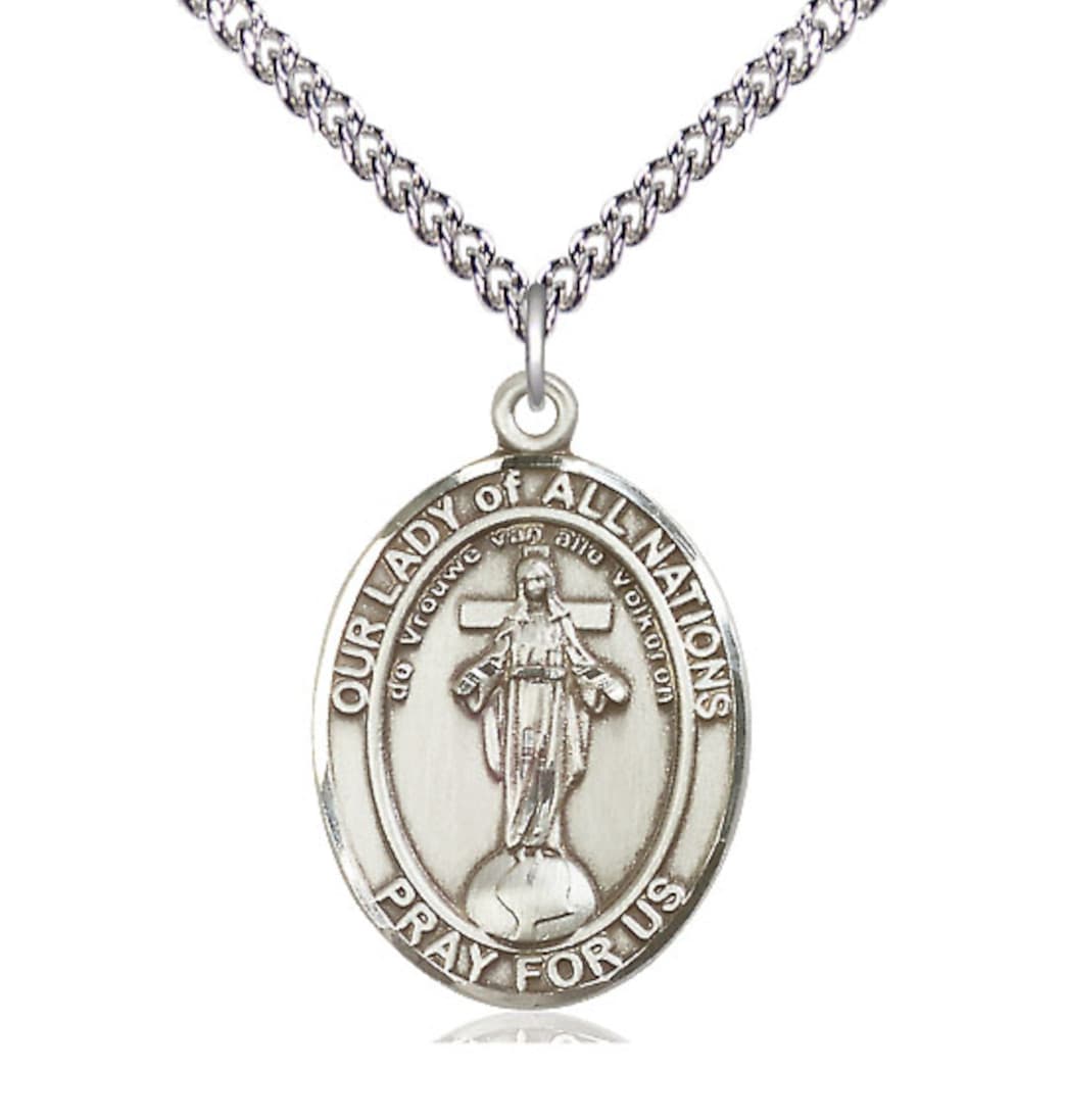 Large Bliss Our Lady of All Nations Sterling Silver Oval Engravable Medal Necklace with Sterling Chain,