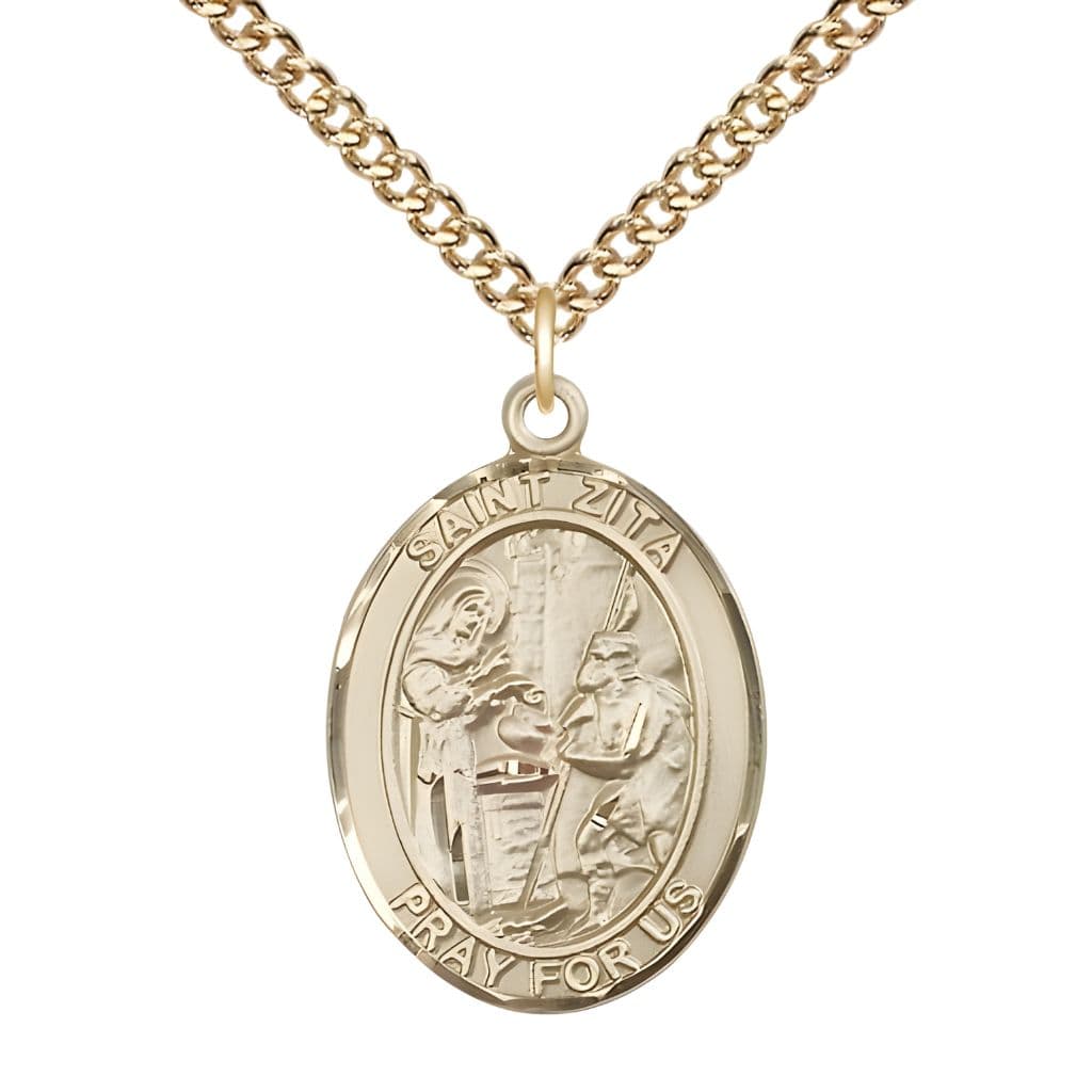 Bliss St. Zita 14kt Gold Oval Medal Pendant with 14kt Gold Curb Chain, Measures 1-inch tall by 3/4-inch wide.