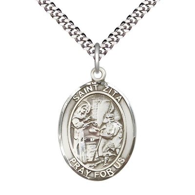 St. Zita Sterling Silver Oval Engravable Medal with Rhodium-plated Chain, Medal Measures 1-inch tall by 3/4-inch wide, Bliss Manufacturing