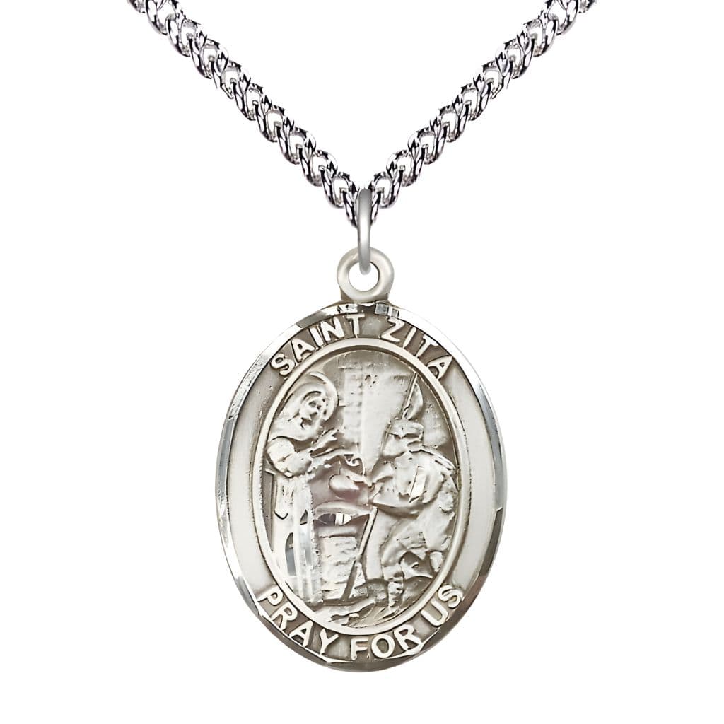 Bliss St. Zita Sterling Silver Oval Engravable Medal with Sterling Chain, Medal Measures 1-inch tall by 3/4-inch wide.