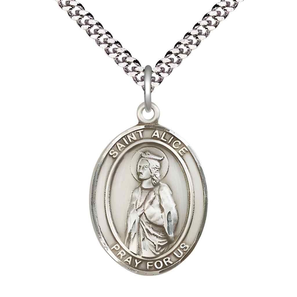 Large Saint Alice Pewter Oval Medal Pendant with 24" Rhodium-plated Curb Chain with Deluxe Gift Box | Bliss Manufacturing