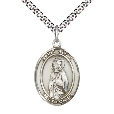 Large Saint Alice Pewter Oval Medal Pendant with 24" Rhodium-plated Curb Chain with Deluxe Gift Box | Bliss Manufacturing