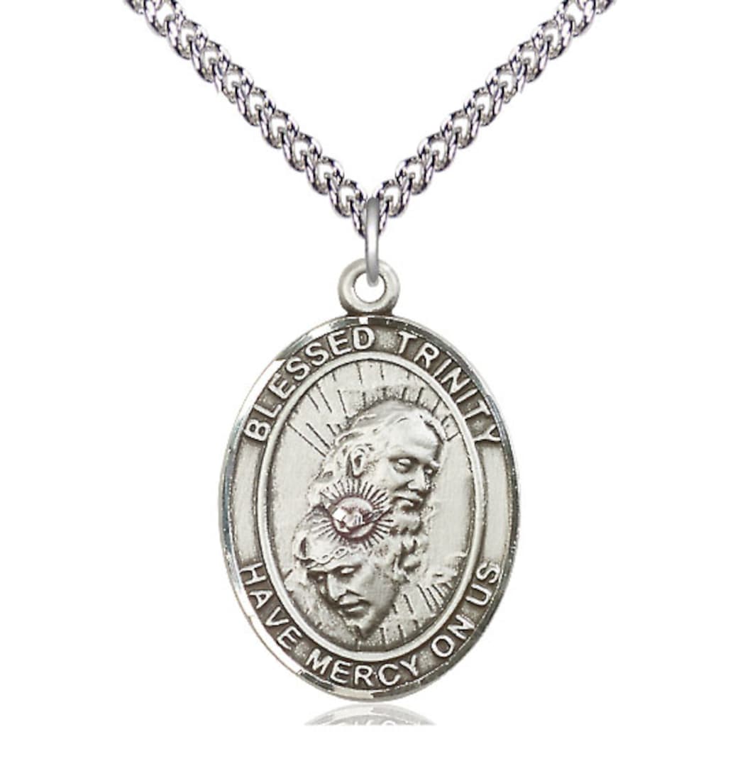 Bliss Blessed Trinity Sterling Silver Oval Large Medal Necklace with Sterling Silver Chain,