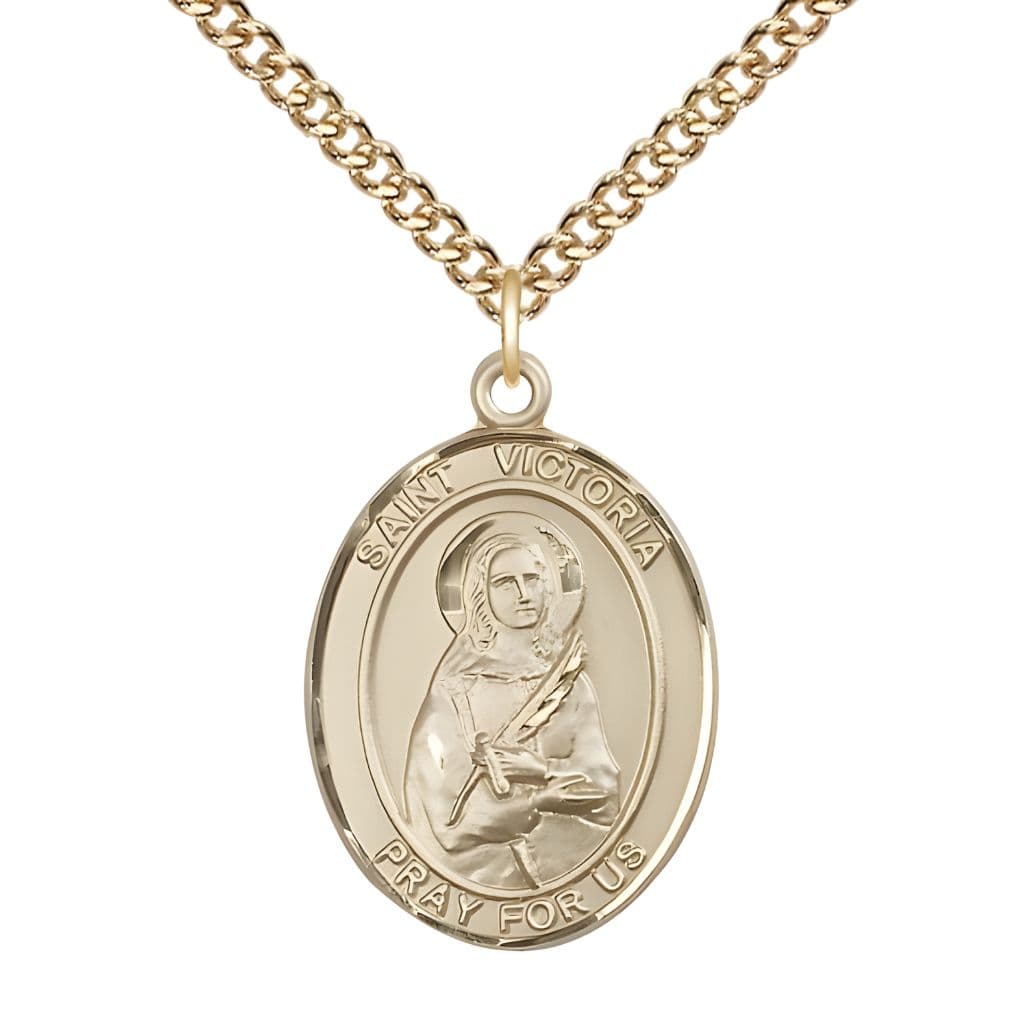 Bliss St. Victoria 14kt Gold Oval Medal Pendant with 14kt Gold Chain, Measures 1-inch tall by 3/4-inch wide.