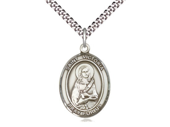 Large Bliss Sterling Silver St Victoria Pendant on a 24 inch Light Rhodium-plated Heavy Curb Chain,