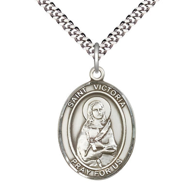 St. Victoria Pewter Oval Medal Pendant with Rhodium-plated Chain, Measures 1-inch tall by 3/4-inch wide, Bliss Manufacturing