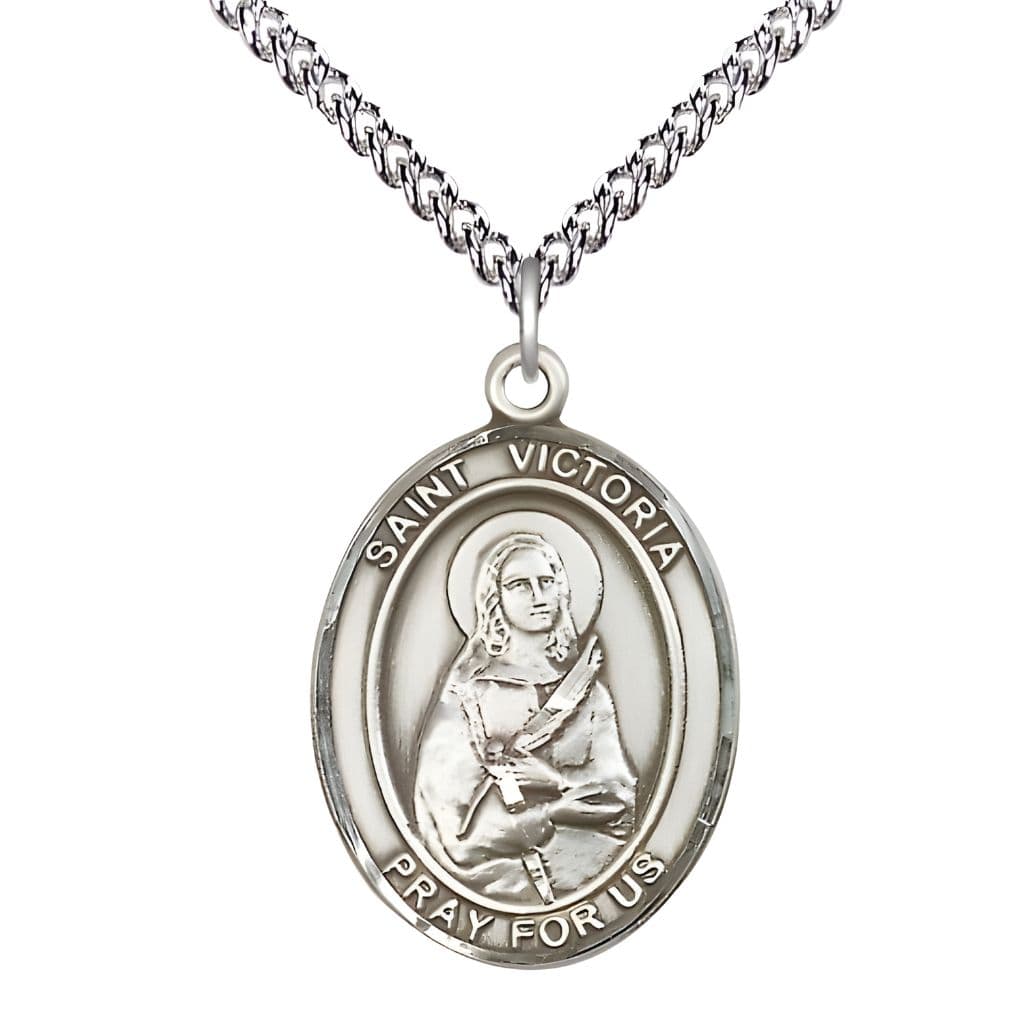 Bliss St. Victoria Sterling Silver Oval Medal Pendant with Sterling Chain, Measures 1-inch tall by 3/4-inch wide.