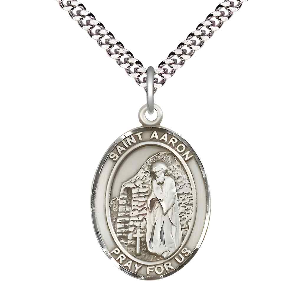 Large Saint Aaron Pewter Oval Medal Pendant with 24" Rhodium-plated Curb Chain with Deluxe Gift Box | Bliss Manufacturing