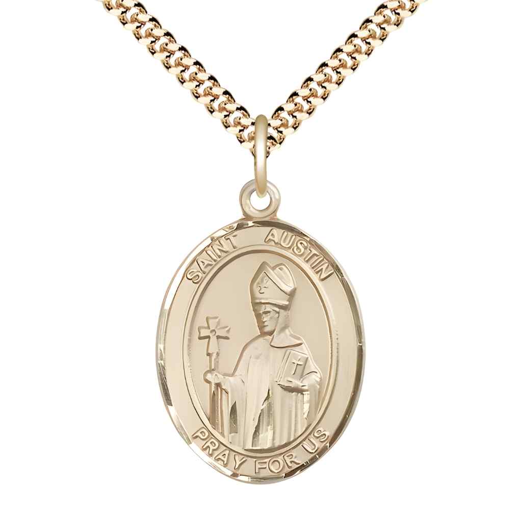 Large Saint Austin 14kt Gold-filled Oval Medal Pendant with Gold-plated Curb Chain in Deluxe Gift Box | Bliss Manufacturing