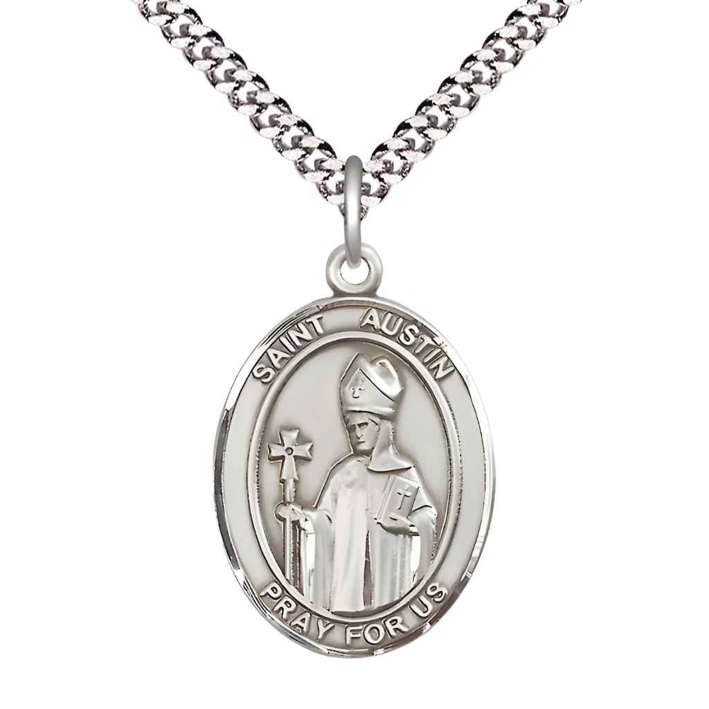 Large Saint Austin Sterling Silver Oval Medal Pendant with Rhodium-plated Curb Chain in Deluxe Gift Box | Bliss Manufacturing