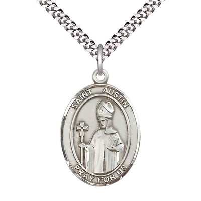 Large Saint Austin Sterling Silver Oval Medal Pendant with Rhodium-plated Curb Chain in Deluxe Gift Box | Bliss Manufacturing