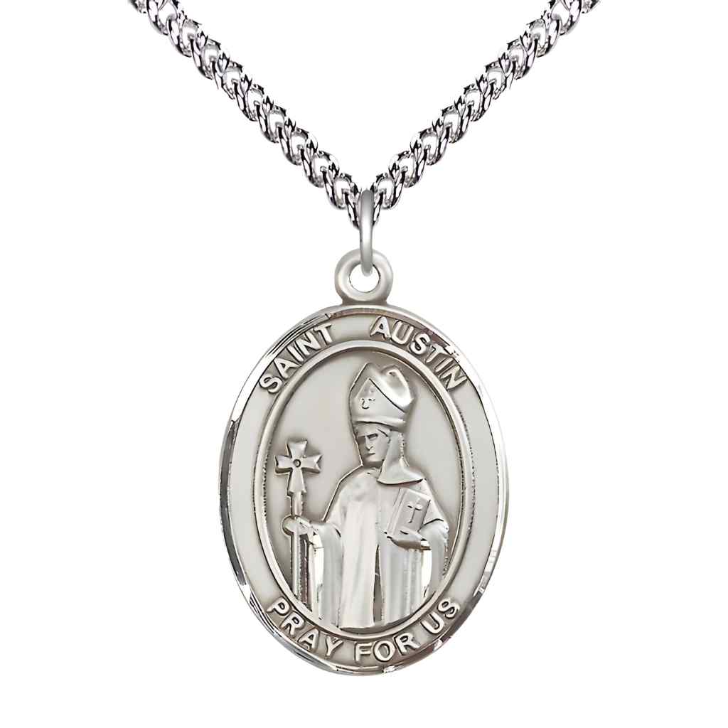 Large Saint Austin Sterling Silver Oval Medal Pendant with Sterling Silver Curb Chain in Deluxe Gift Box | Bliss Manufacturing
