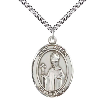 Large Saint Austin Sterling Silver Oval Medal Pendant with Sterling Silver Curb Chain in Deluxe Gift Box | Bliss Manufacturing