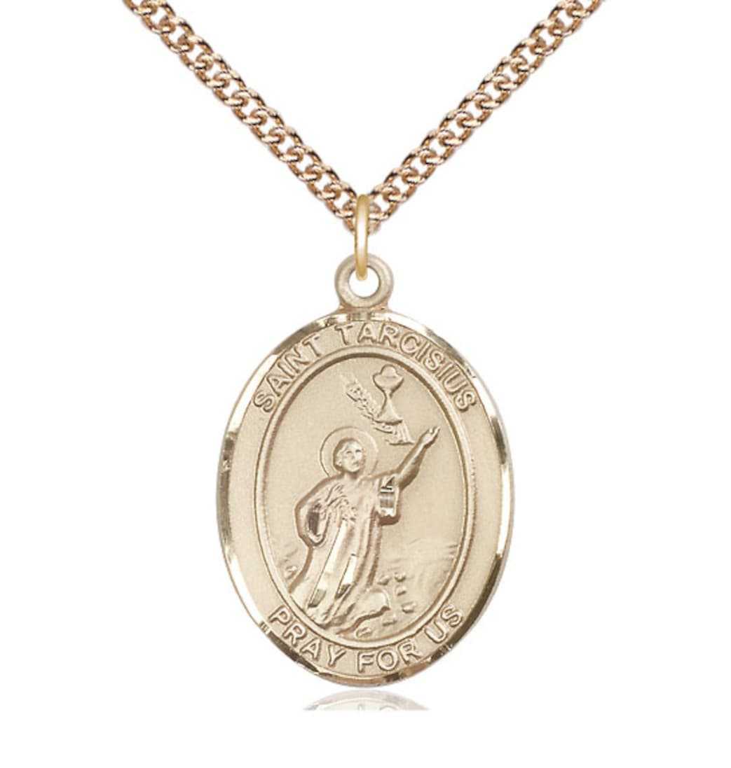 Bliss 14kt Gold St Tarcisius Pendant on a 18 inch 14kt Gold Light Curb Chain,