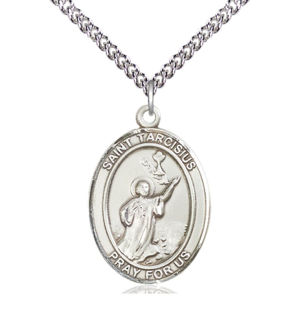 Bliss St Tarcisius Sterling Silver Oval Large Medal Necklace with Sterling Silver Chain,