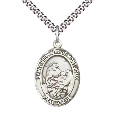 Large Saint Bernard of Montjoux Pewter Oval Medal Pendant with 24" Rhodium-plated Curb Chain in Deluxe Gift Box | Bliss Manufacturing