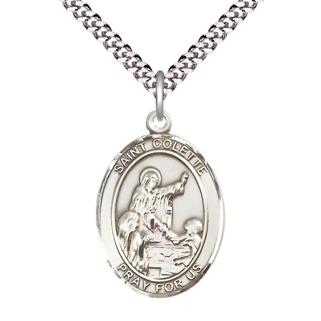 Large Saint Colette Pewter Oval Medal Pendant with 24" Rhodium-plated Curb Chain in Deluxe Gift Box | Bliss Manufacturing