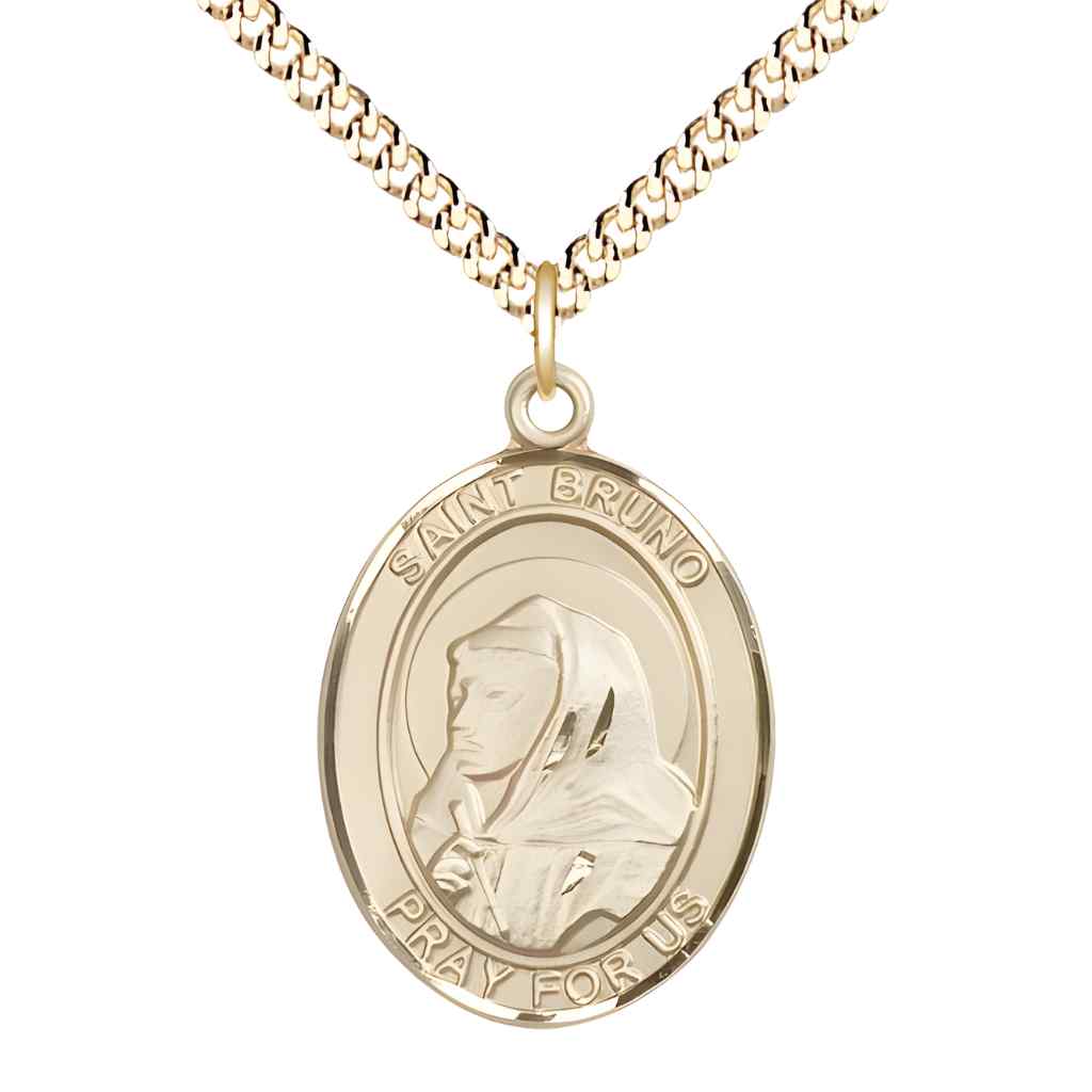 Large Saint Bruno 14kt Gold-filled Oval Medal Pendant with Gold-plated Curb Chain with Deluxe Gift Box | Bliss Manufacturing
