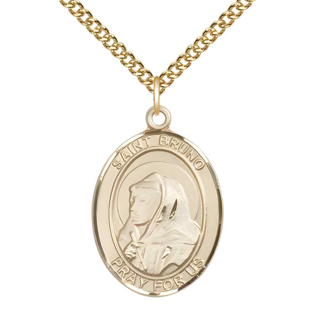 Large Saint Bruno 14kt Gold Oval Medal Pendant with 14kt Gold Curb Chain with Deluxe Gift Box | Bliss Manufacturing