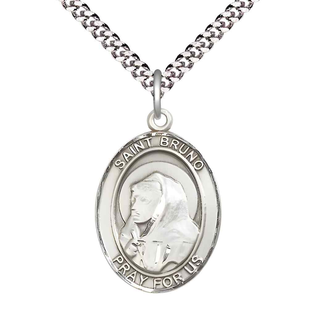 Large Saint Bruno Pewter Oval Medal Pendant with Rhodium-plated Curb Chain with Deluxe Gift Box | Bliss Manufacturing