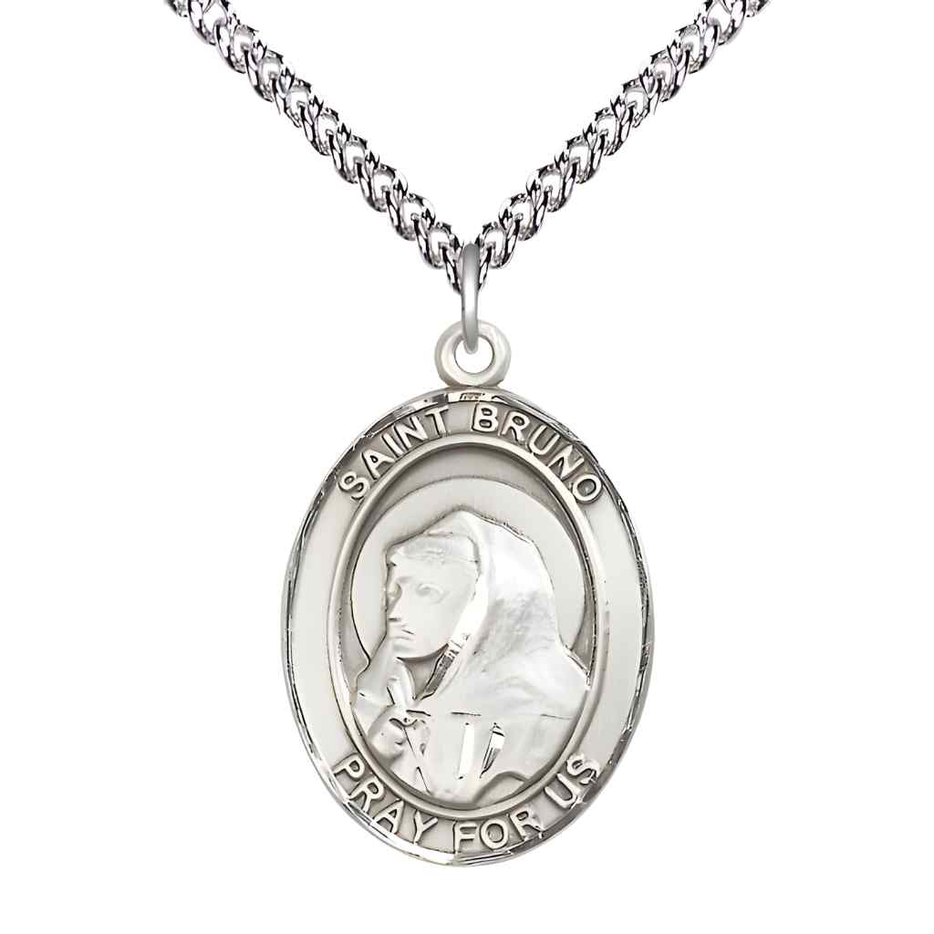 Large Saint Bruno Sterling Silver Oval Medal Pendant with Sterling Silver Curb Chain with Deluxe Gift Box | Bliss Manufacturing