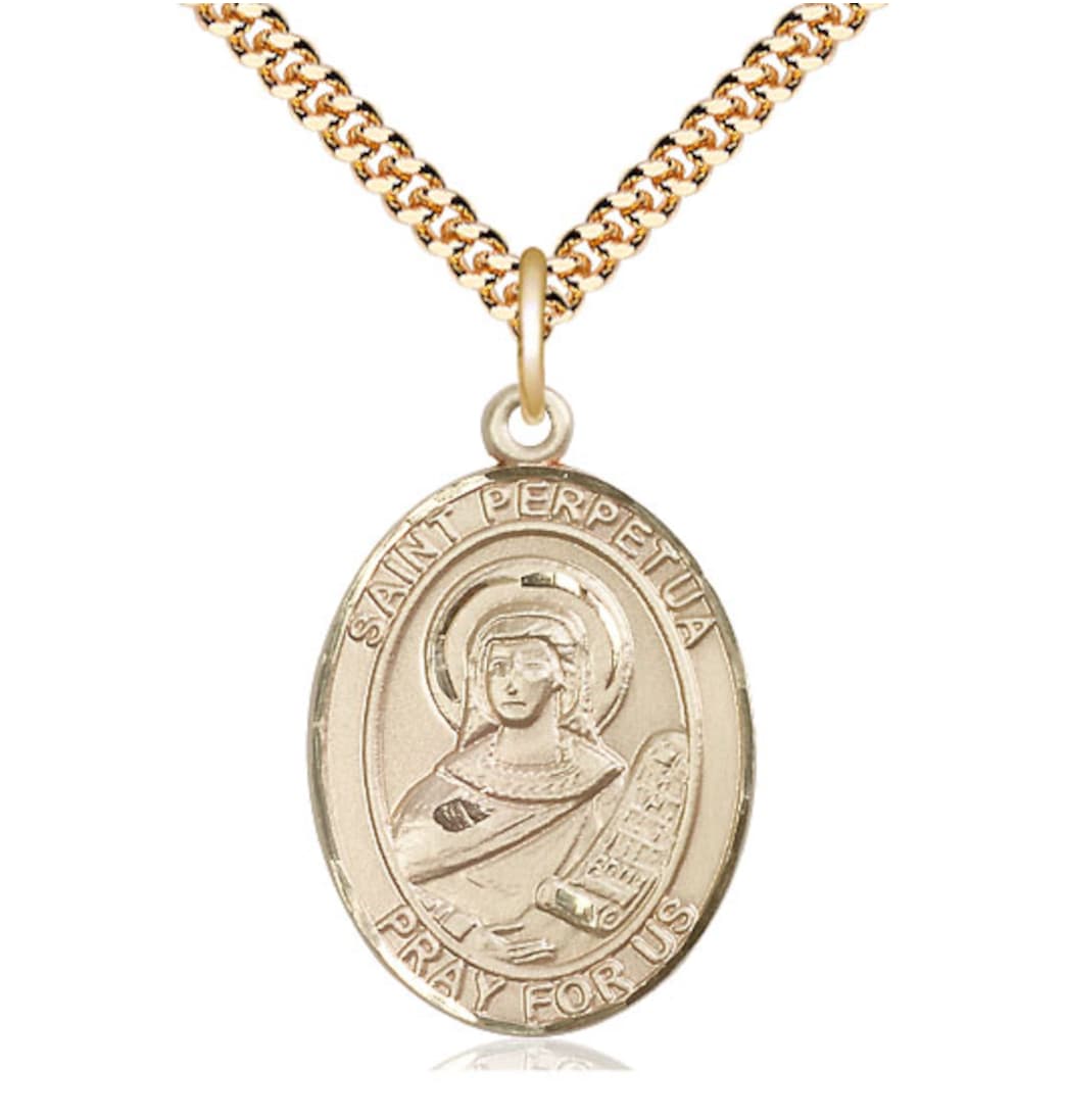 Bliss St Perpetua Gold-filled Oval Engravable Large Medal Necklace w/Plated Chain,