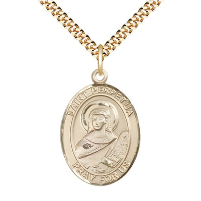 St. Perpetua 14kt Gold-filled Oval Medal Pendant with Gold-plated Chain, Measures 1-inch tall by 3/4-inch wide. Deluxe Gift Box, Bliss Manufacturing