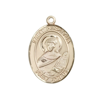 St. Perpetua 14kt Gold Oval Medal Pendant, Measures 1-inch tall by 3/4-inch wide. Deluxe Gift Box, Bliss Manufacturing