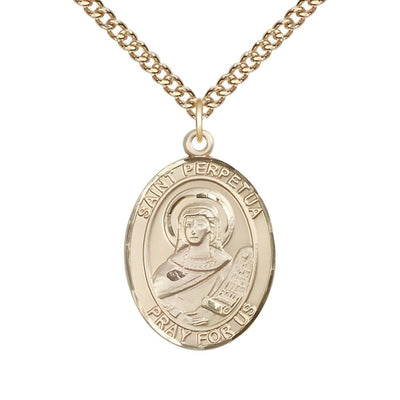 St. Perpetua 14kt Gold Oval Medal Pendant with 14kt Gold Chain, Measures 1-inch tall by 3/4-inch wide. Deluxe Gift Box, Bliss Manufacturing