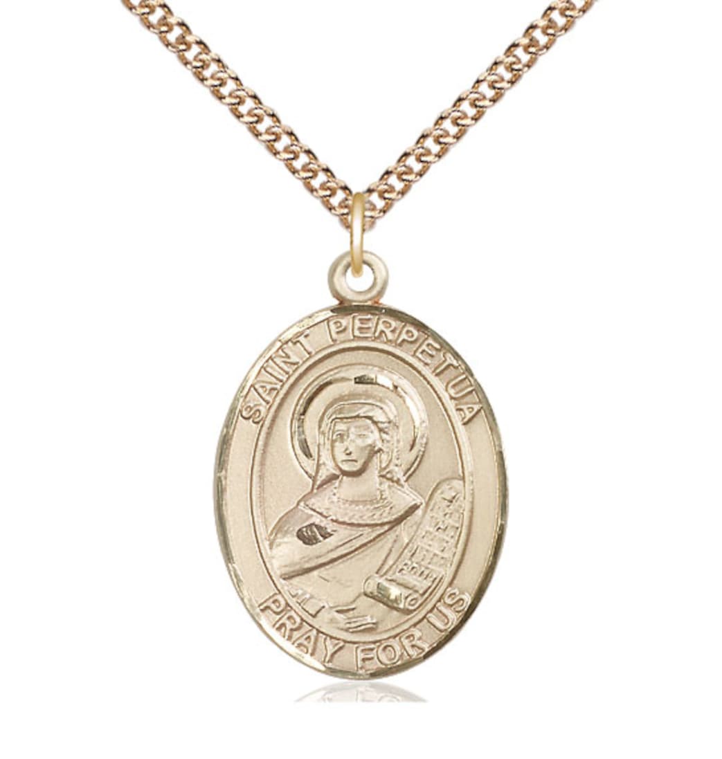 Bliss Manufacturing St Perpetua 14kt Gold Large Oval Medal with 14kt Gold Chain,