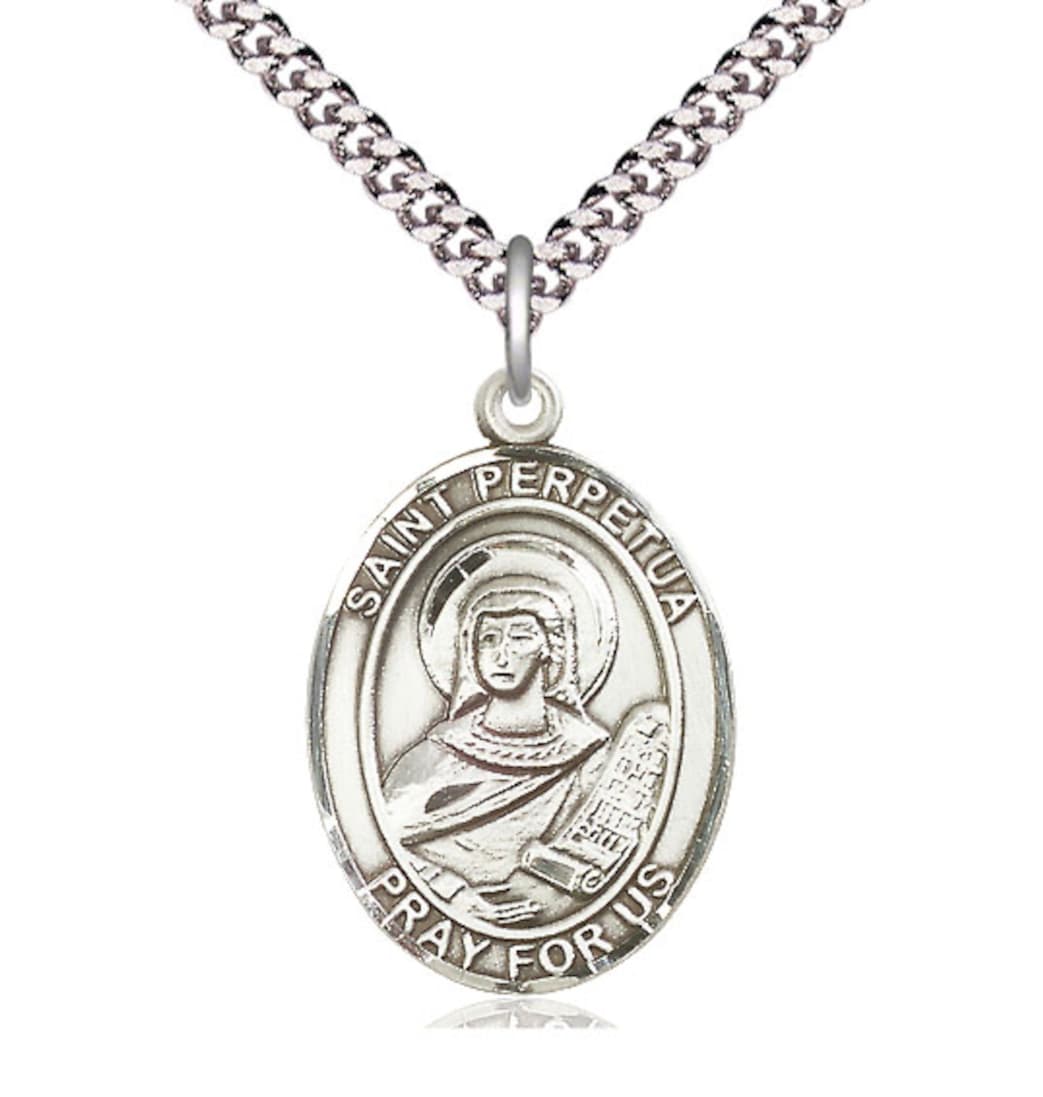 Bliss St Perpetua Pewter Oval Engravable Large Medal Necklace w/Chain,