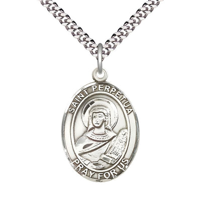 St. Perpetua Sterling Silver Oval Medal Pendant with Rhodium-plated Chain, Measures 1-inch tall by 3/4-inch wide. Deluxe Gift Box, Bliss Manufacturing