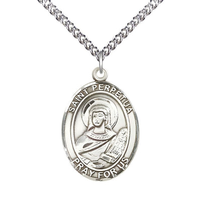 St. Perpetua Sterling Silver Oval Medal Pendant with Sterling Silver Chain, Measures 1-inch tall by 3/4-inch wide. Deluxe Gift Box, Bliss Manufacturing