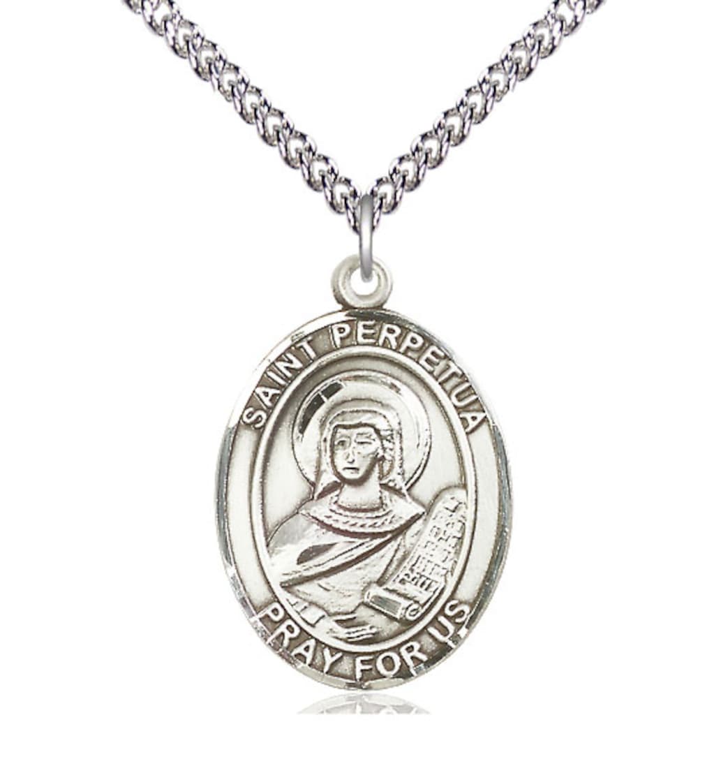 Bliss St Perpetua Sterling Silver Oval Large Medal Necklace w/Sterling Chain,