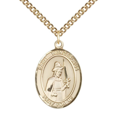 St. Wenceslaus 14kt Gold-filled Oval Medal Pendant with Gold-filled Chain, Measures 1-inch tall by 3/4-inch wide, Bliss Manufacturing