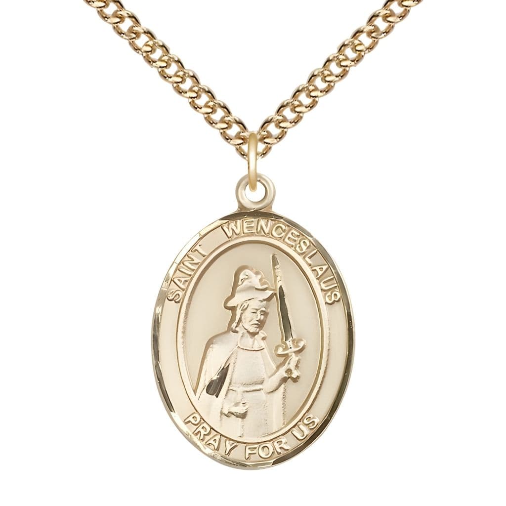 Bliss St. Wenceslaus 14kt Gold Oval Medal Pendant with 14kt Gold Chain, Measures 1-inch tall by 3/4-inch wide.