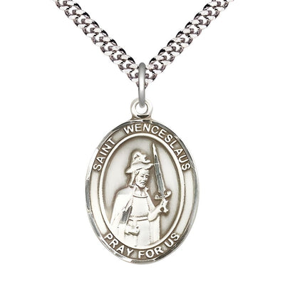 St. Wenceslaus Sterling Silver Oval Medal Pendant with Rhodium-plated Chain, Measures 1-inch tall by 3/4-inch wide, Bliss Manufacturing