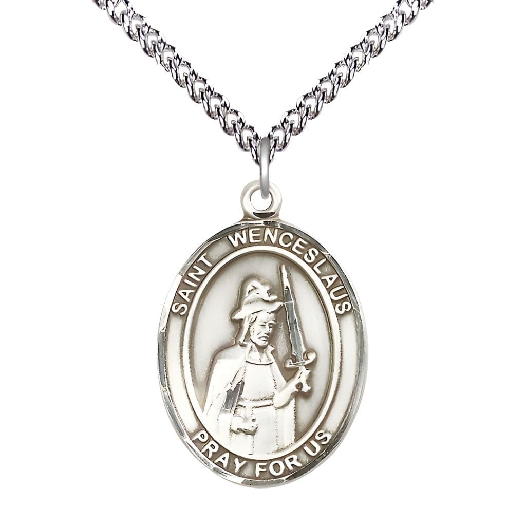 Bliss St. Wenceslaus Sterling Silver Oval Medal Pendant with Sterling Chain, Measures 1-inch tall by 3/4-inch wide.