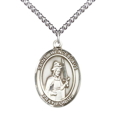 St. Wenceslaus Sterling Silver Oval Medal Pendant with Sterling Chain, Measures 1-inch tall by 3/4-inch wide, Bliss Manufacturing
