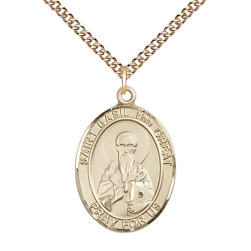 St. Basil the Great 14kt Gold Oval Medal, 1-inch, 14kt Gold Chain,