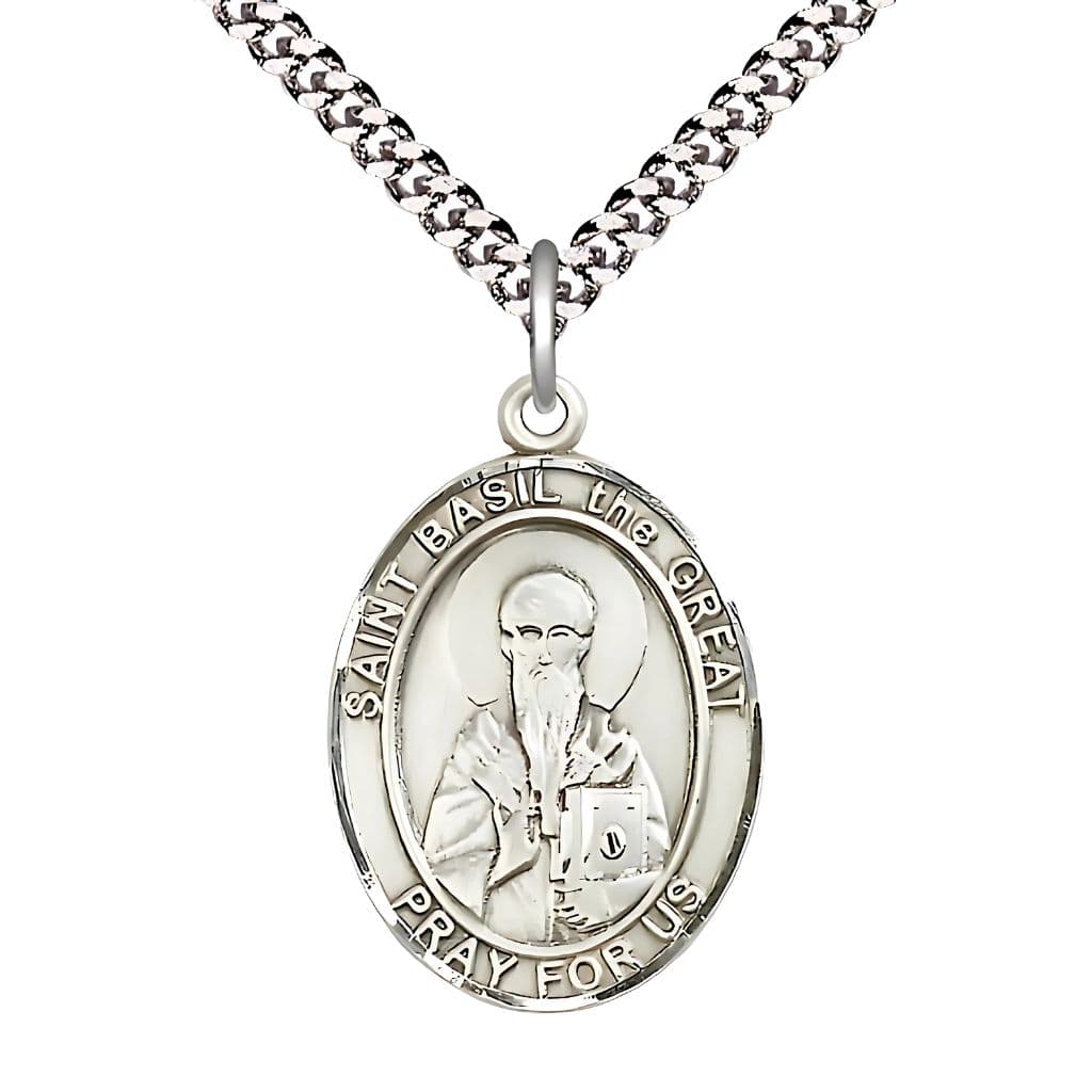 Large Saint Basil the Great  Pewter Oval Medal Pendant with Rhodium-plated Curb Chain in Deluxe Gift Box | Bliss Manufacturing
