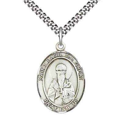 Large Saint Basil the Great  Pewter Oval Medal Pendant with Rhodium-plated Curb Chain in Deluxe Gift Box | Bliss Manufacturing
