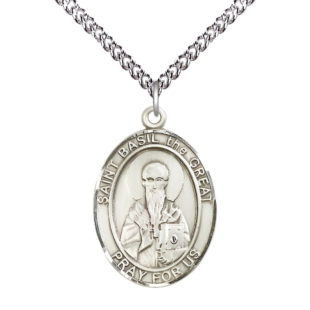 St. Basil the Great Sterling Silver Oval Engravable Medal, 1-inch, Sterling Silver Chain,
