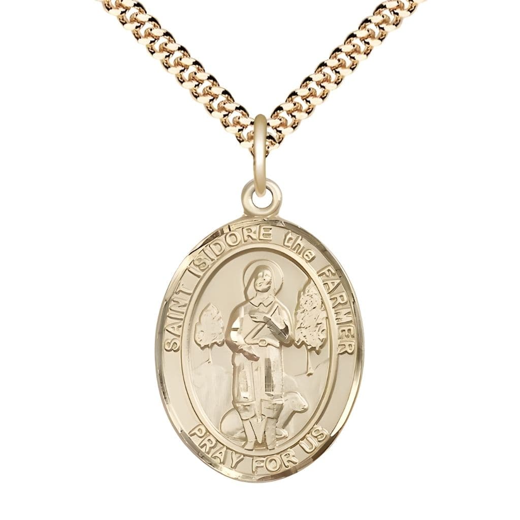 Bliss St. Isidore the Farmer 14kt Gold-filled Oval Medal Pendant with Gold-plated Chain, Measures 1-inch tall by 3/4-inch wide. Deluxe Gift Box.
