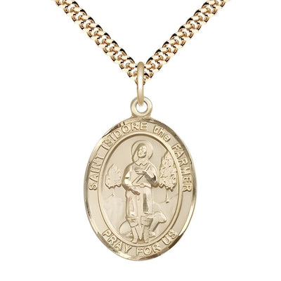 St. Isidore the Farmer 14kt Gold-filled Oval Medal Pendant with Gold-plated Chain, Measures 1-inch tall by 3/4-inch wide. Deluxe Gift Box, Bliss Manufacturing
