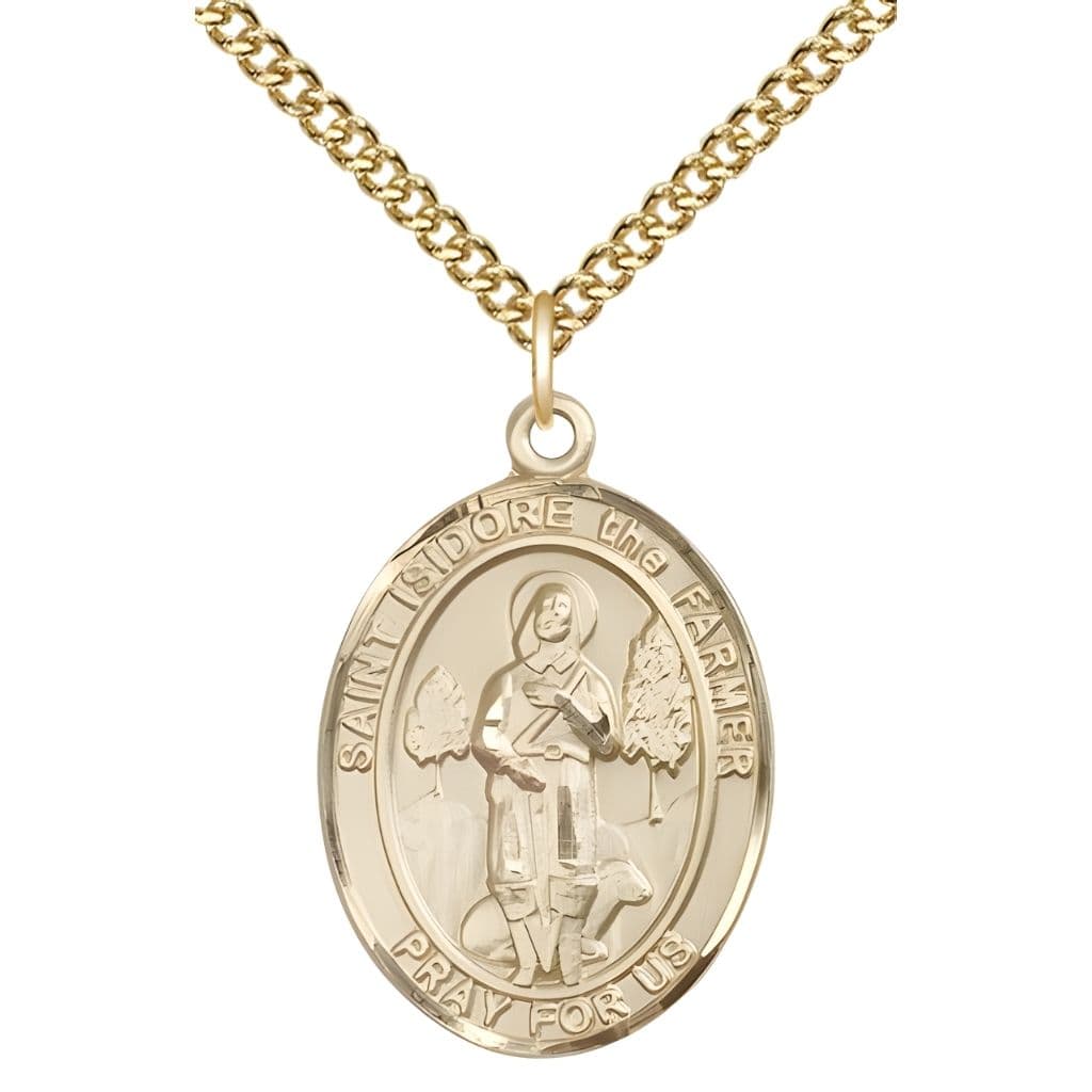 Bliss St. Isidore the Farmer 14kt Gold-filled Oval Medal Pendant with Gold-filled Chain, Measures 1-inch tall by 3/4-inch wide. Deluxe Gift Box.